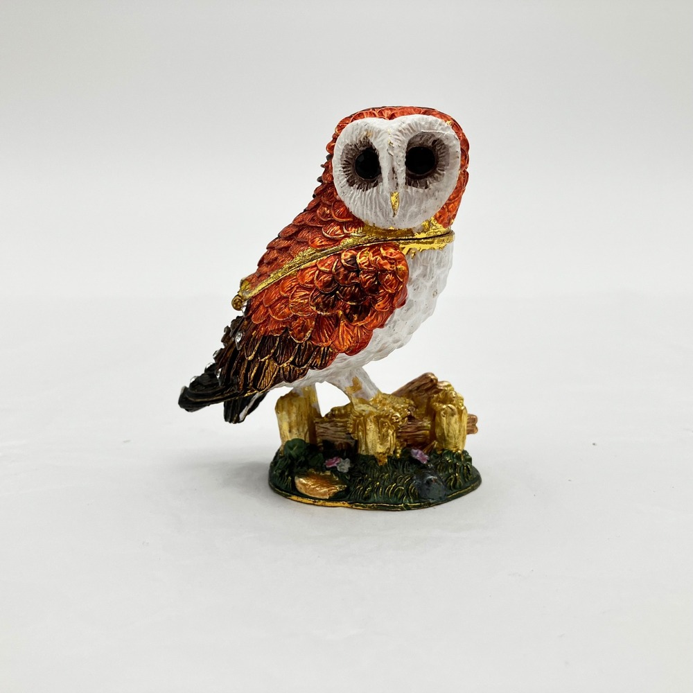 Trinket Box Barn Owl 3in Orange Enameled Bejeweled Hinged Lid